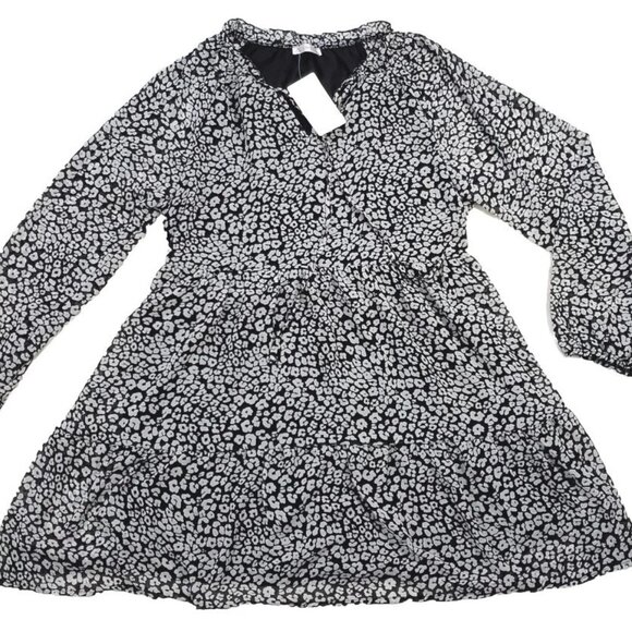 Kirundo Black Floral Print Fall Long Sleeve V Neck Mini Tunic Dress Medium NWT - Picture 1 of 9
